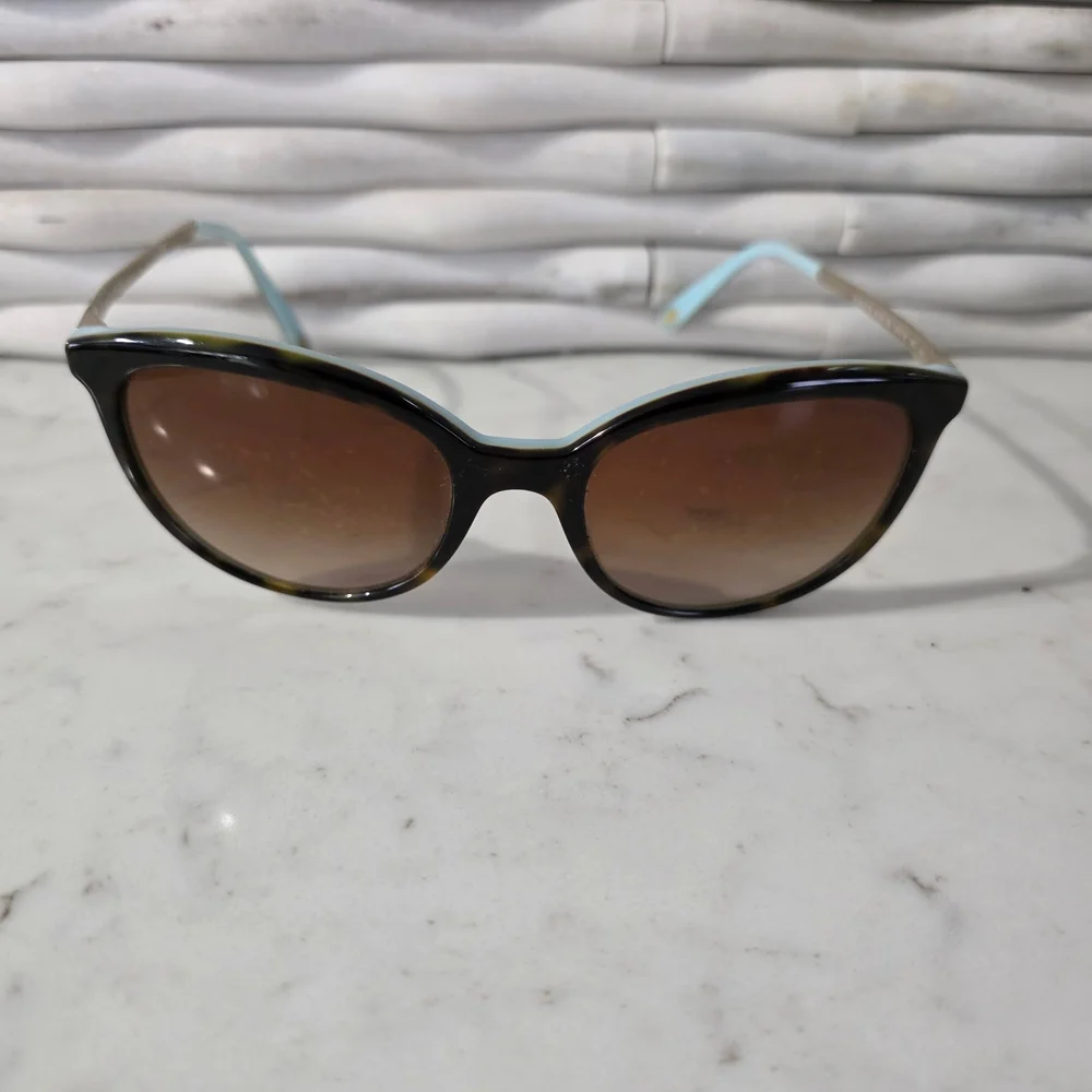 Tiffany & Co. Black Frame Sunglasses with Brown Lenses and Pale Blue Temple Tips - Picture 3 of 10
